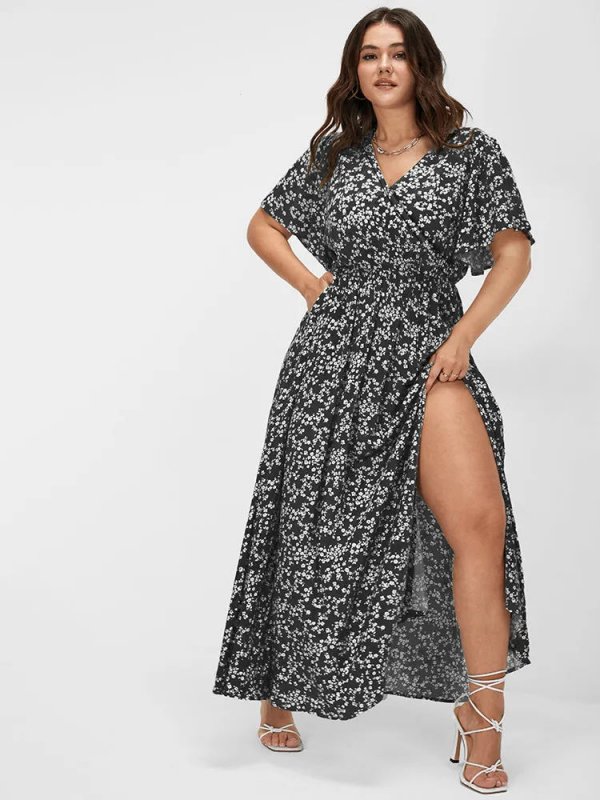 [Hot Sale] Flutter Sleeve Ditsy Floral Pocket Split Maxi Dress
