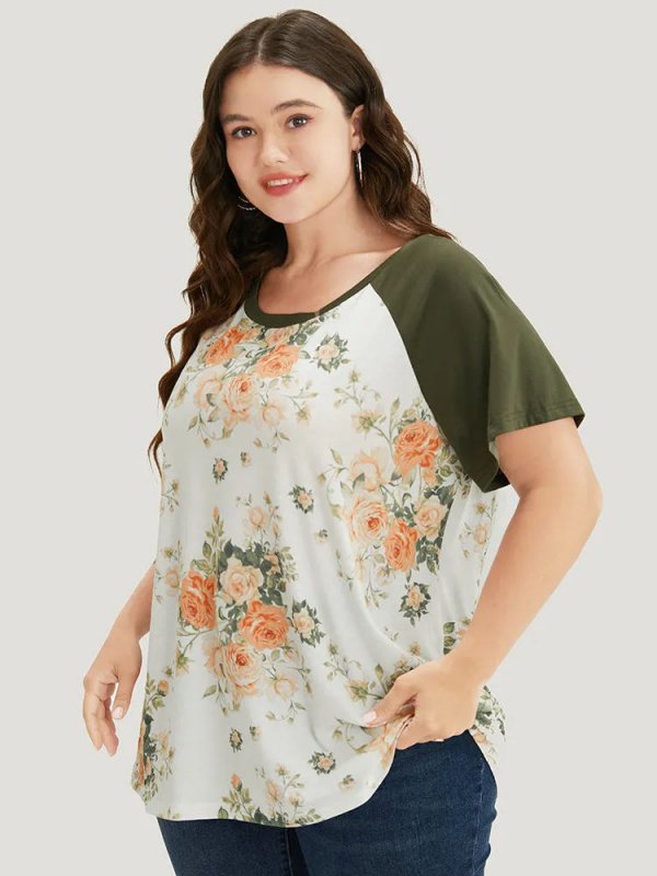 Floral & Butterfly Print Raglan Sleeve  T-shirt
