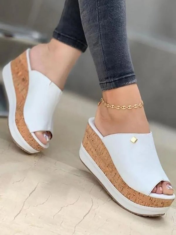Contrast Paneled Peep Toe Wedge Shoes