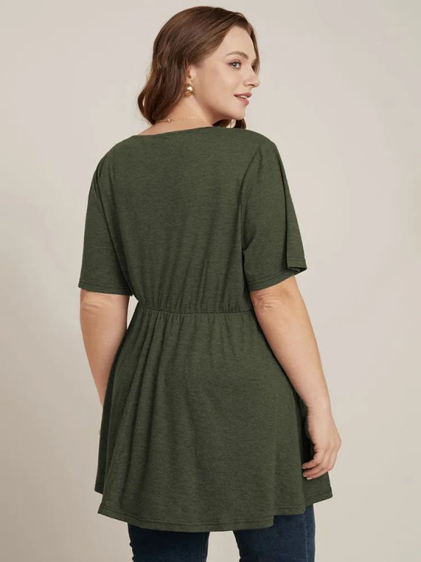 Solid Button V Neck Ruffles Blouse