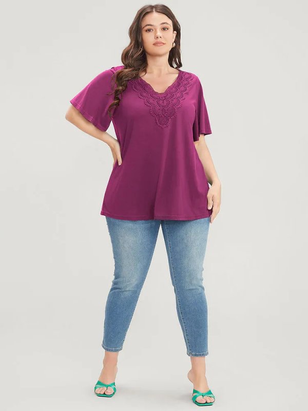 Solid Ruffle Sleeve Lace V Neck T-shirt