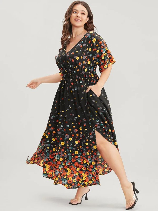 Floral Printed Pocket V Neck Shirred Split Hem Dress