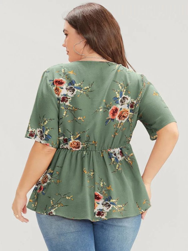 Floral Print Wrap Ruffles Asymmetrical Hem Blouse