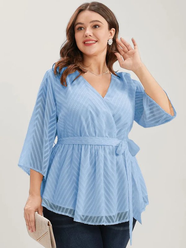 Plain Geometric Mesh Surplice Neck Belted Ruffles Blouse