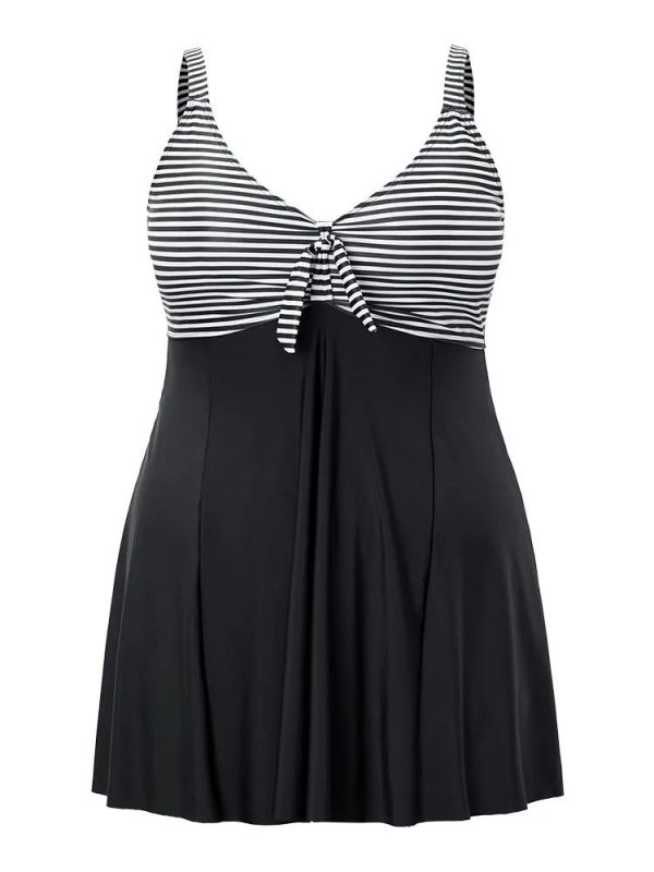 Striped Patchwork Knot Front Ruffles Swim Dress