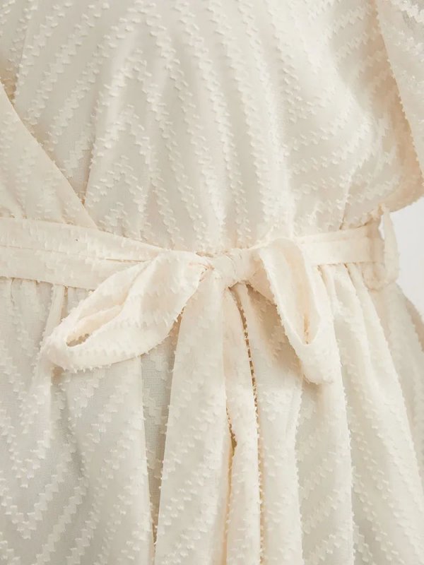 Plain Geometric Mesh Surplice Neck Belted Ruffles Blouse