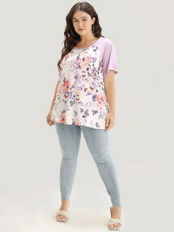 Floral & Butterfly Print Raglan Sleeve  T-shirt