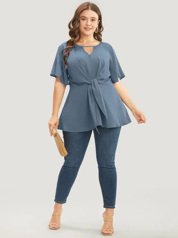 Plain Keyhole Knotted Front Ruffle Sleeve Blouse