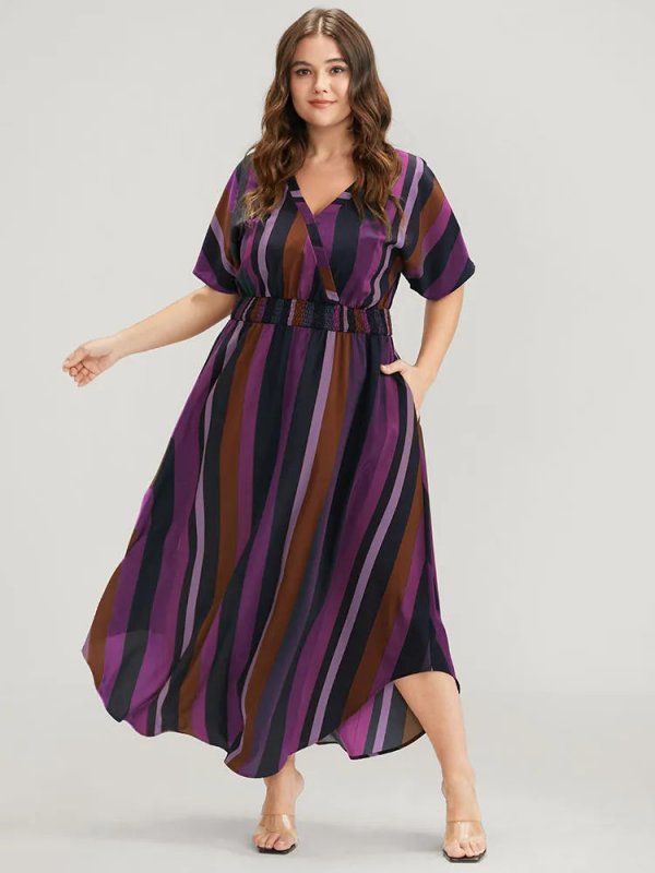 Striped Dolman Sleeve  Pocket Shirred Flutter Wrap Dress