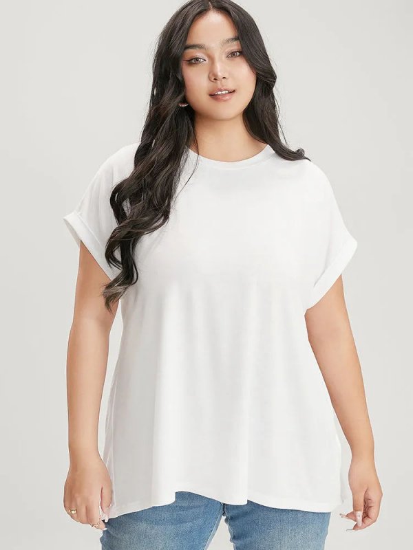 Solid Round Neck Crossover Back T-shirt