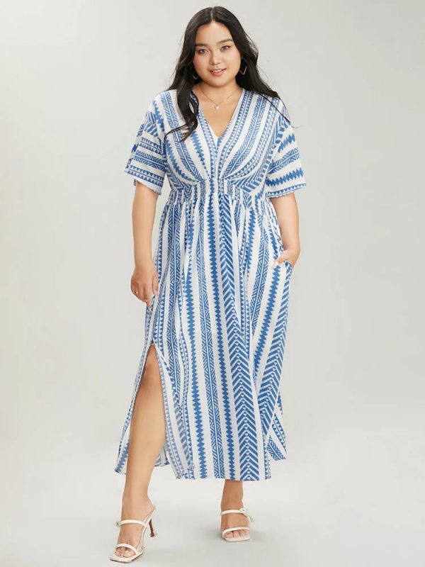 Solid Geometric Dolman Sleeve Pocket Shirred Split Hem Dress