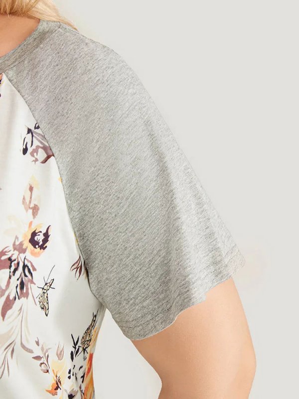 Floral & Butterfly Print Raglan Sleeve  T-shirt
