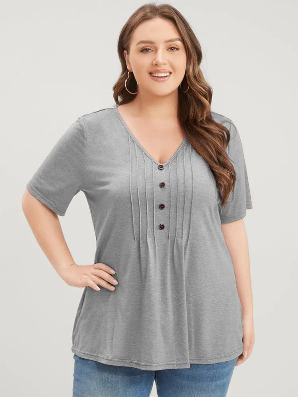 Solid Pleated Front Button Detail V Neck T-shirt