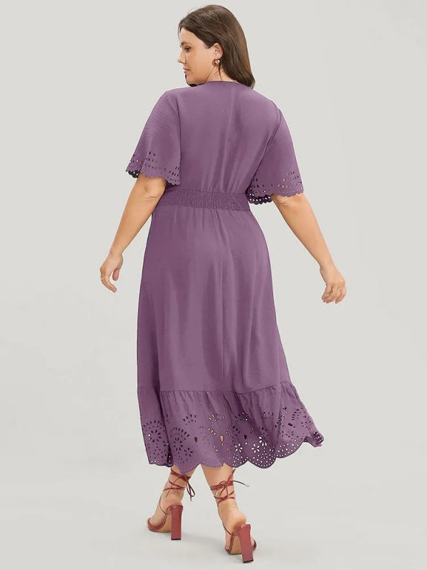 Solid Laser Cut Shirred Pocket Wrap Scalloped Trim Flutter Dress