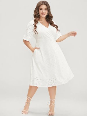 Solid Pocket Laser Cut Surplice Neck Knee Dress