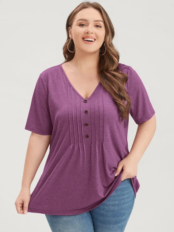 Solid Pleated Front Button Detail V Neck T-shirt