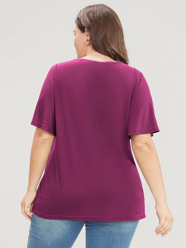 Solid Ruffle Sleeve Lace V Neck T-shirt