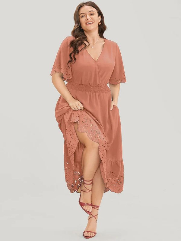 Solid Laser Cut Shirred Pocket Wrap Scalloped Trim Flutter Dress