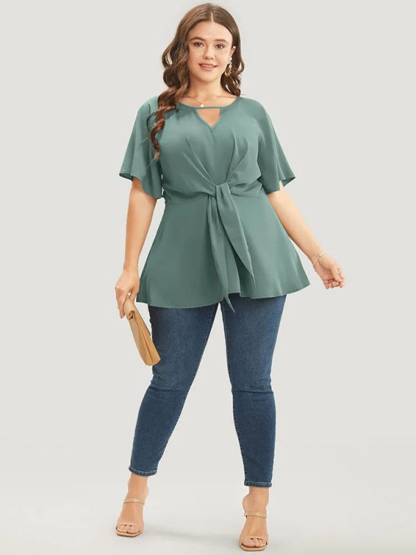 Plain Keyhole Knotted Front Ruffle Sleeve Blouse