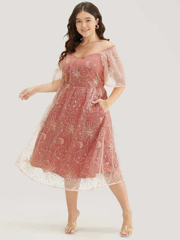 Moon And Star Sequin Detail Pocket Mesh Midi Dress