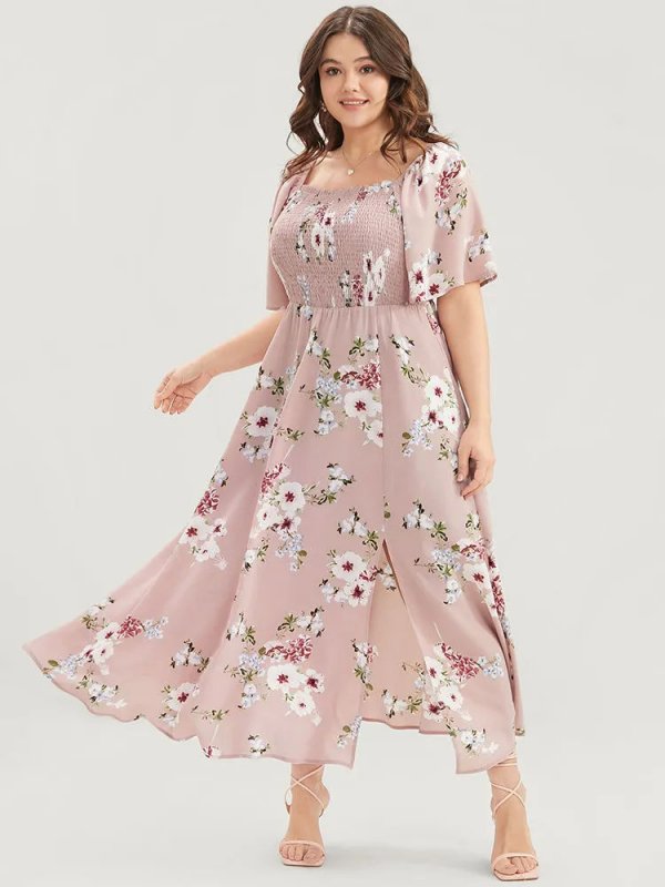 Floral Square Neck Ruffles Pocket Shirred Split Dress