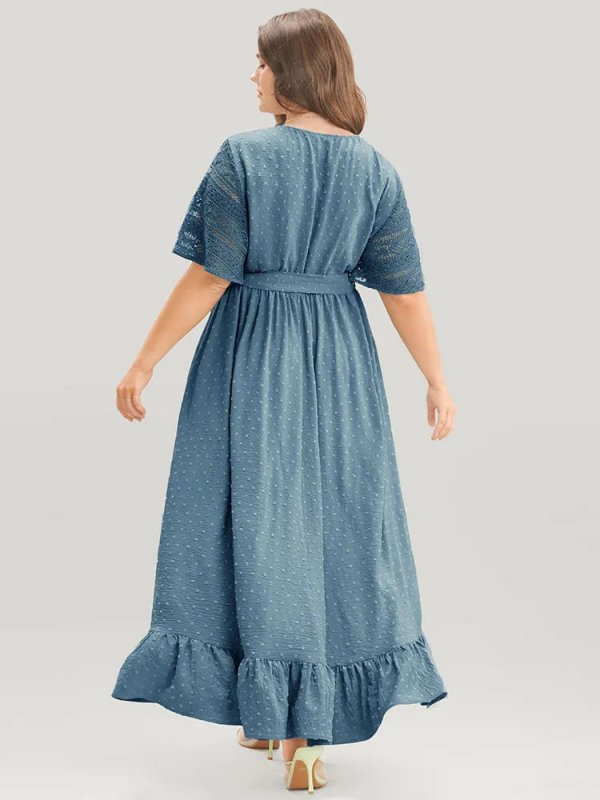 Solid Wrap Pocket Belted Contrast Lace Ruffle Trim Maxi Dress