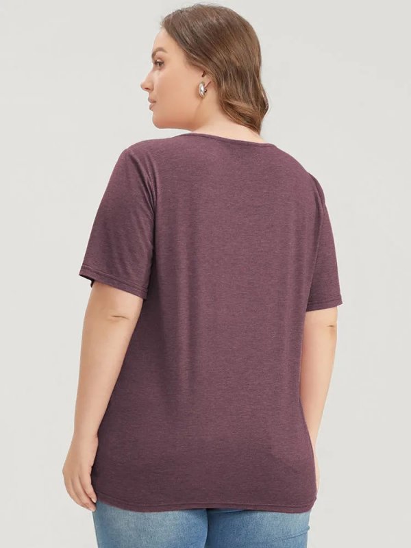 Solid Pleated Front Button Detail V Neck T-shirt