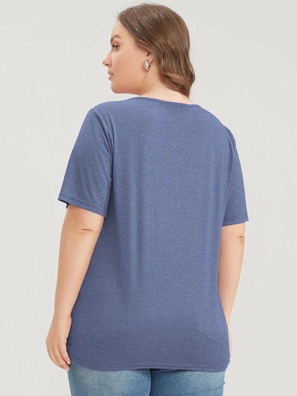 Solid Pleated Front Button Detail V Neck T-shirt