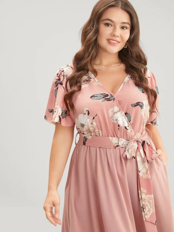 Floral Printed Pocket Ruffles Surplice Neck Belted Midi Dress