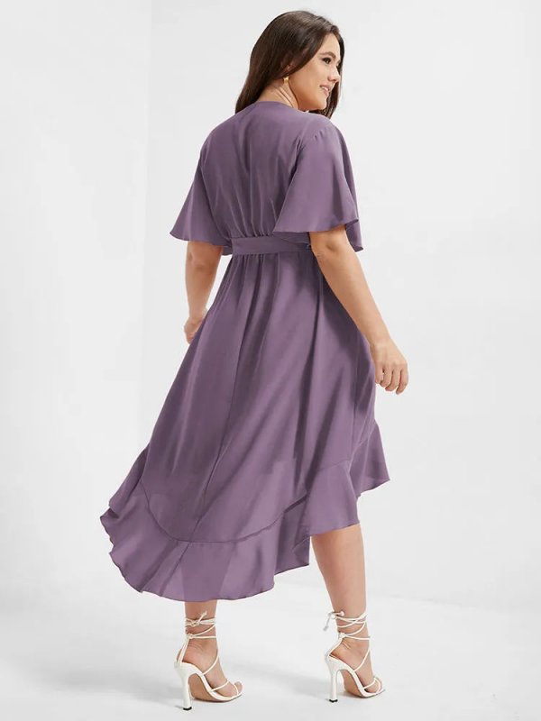 Bloom Dress - Solid Tie Surplice Ruffle High Low Dress