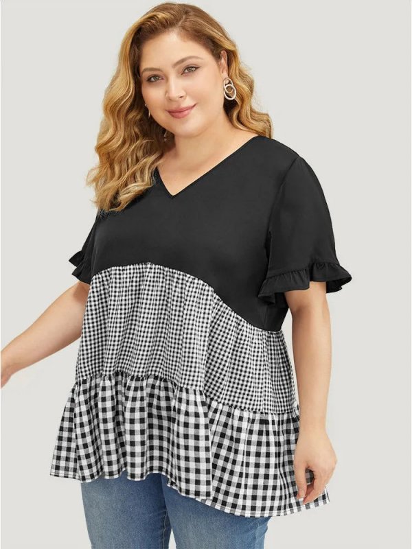 Gingham Patchwork Ruffle Sleeve Tiered Hem Blouse