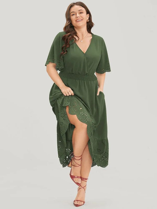 Solid Laser Cut Shirred Pocket Wrap Scalloped Trim Flutter Dress