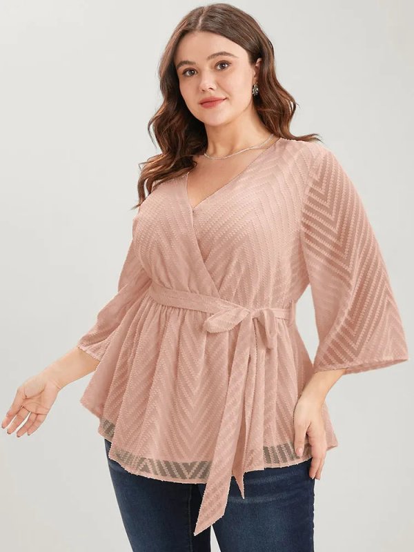 Plain Geometric Mesh Surplice Neck Belted Ruffles Blouse