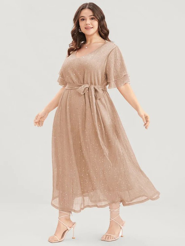 Plain V Neck Mesh Pocket Ruffle Tiered Belted Midi Dress