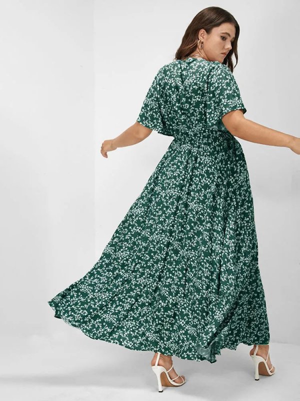[Hot Sale] Flutter Sleeve Ditsy Floral Pocket Split Maxi Dress