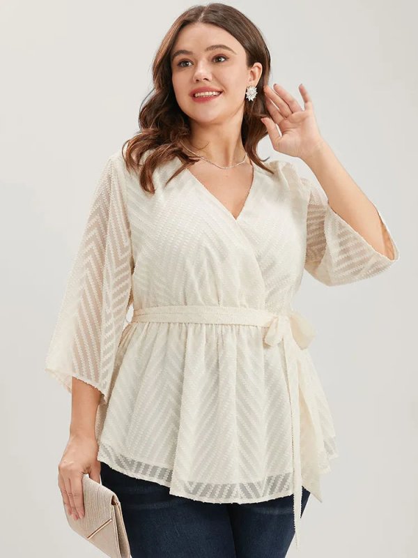 Plain Geometric Mesh Surplice Neck Belted Ruffles Blouse