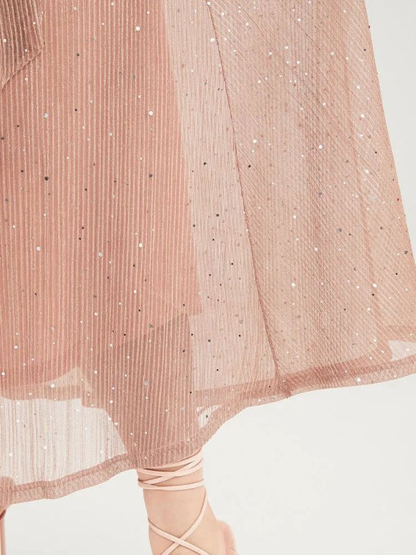 Plain V Neck Mesh Pocket Ruffle Tiered Belted Midi Dress