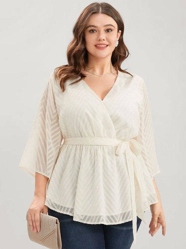 Plain Geometric Mesh Surplice Neck Belted Ruffles Blouse