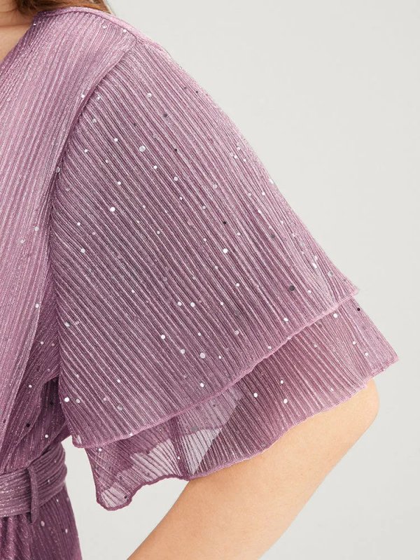 Plain V Neck Mesh Pocket Ruffle Tiered Belted Midi Dress