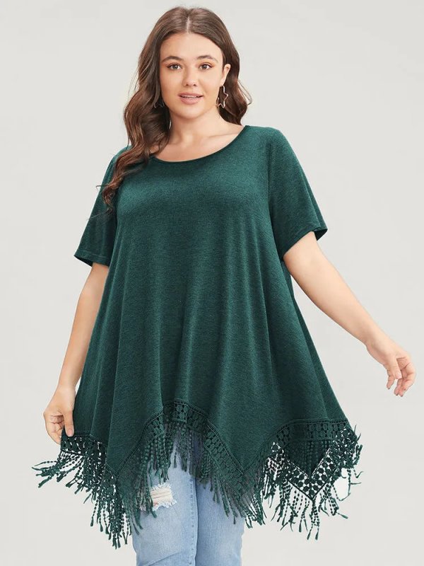 Solid Round Neck Lace Fringe Hem T-shirt