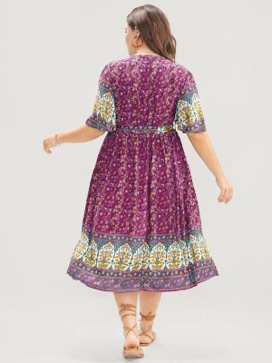 Bandana Print V Neck Pocket Ruffles Belted Midi Dress