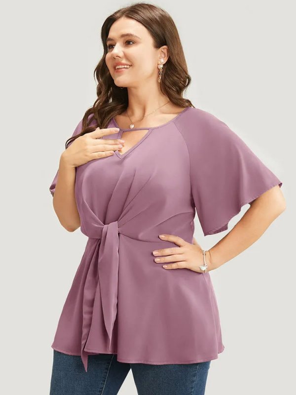 Plain Keyhole Knotted Front Ruffle Sleeve Blouse