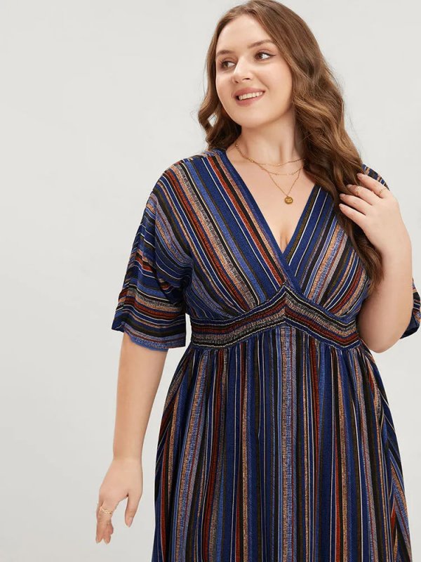 Striped Contrast Dolman Sleeve Shirred Pocket Split Flutter Dress
