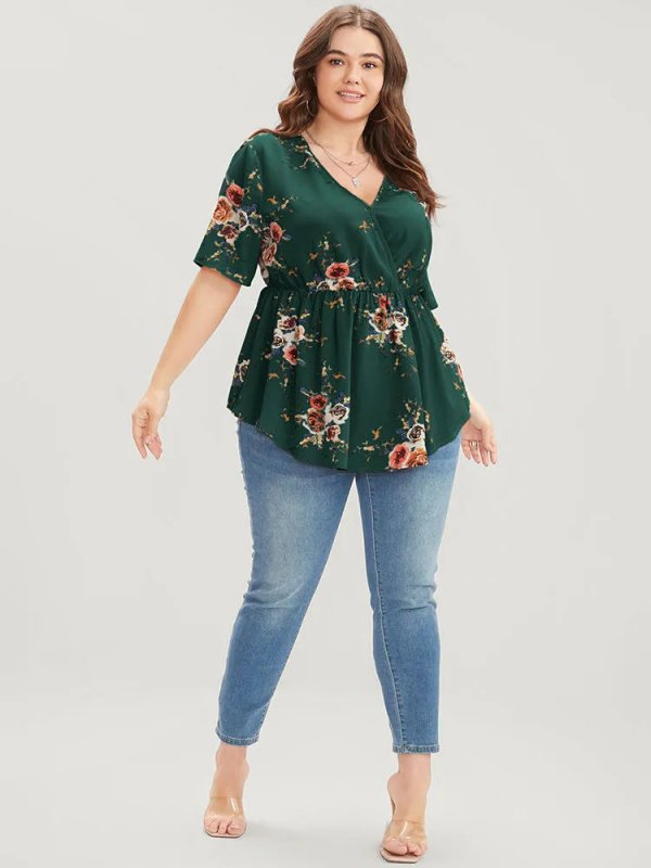 Floral Print Wrap Ruffles Asymmetrical Hem Blouse