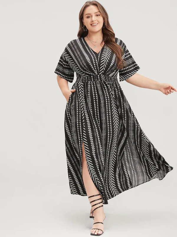 Solid Geometric Dolman Sleeve Pocket Shirred Split Hem Dress