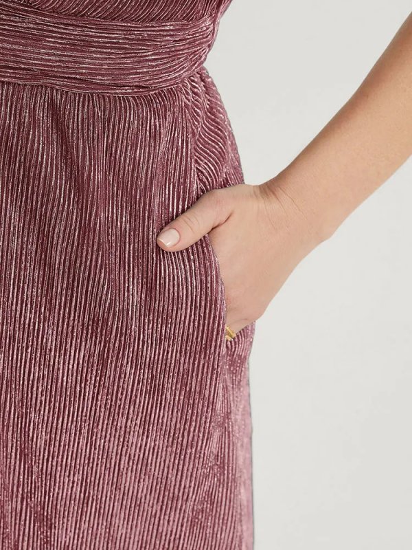 Glitter Mesh Surplice Neck Ruffle Sleeve Pocket Midi Dress