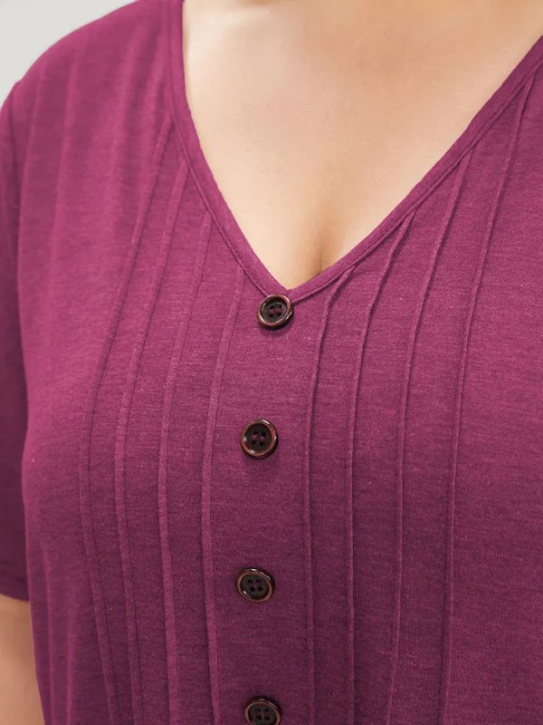 Solid Pleated Front Button Detail V Neck T-shirt