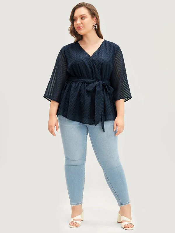 Plain Geometric Mesh Surplice Neck Belted Ruffles Blouse