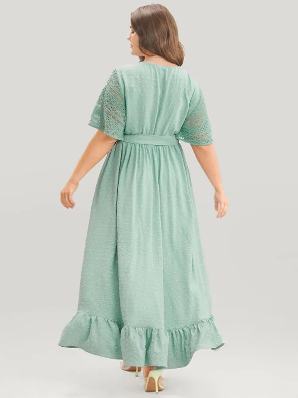 Solid Wrap Pocket Belted Contrast Lace Ruffle Trim Maxi Dress