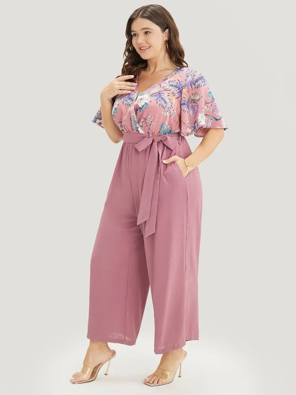 Floral Patchwork Wrap Belted Pocket Jumpsuit